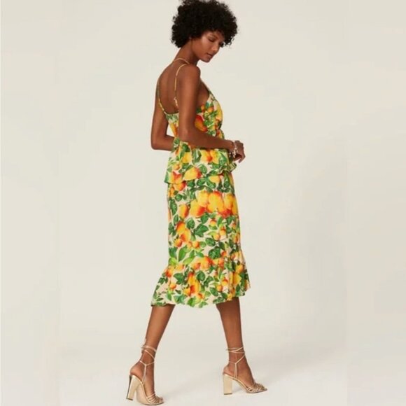 FARM RIO Orange Sands Citrus Print Midi Dress Orange Fruit Novelty Eyelet Linen - Picture 2 of 12